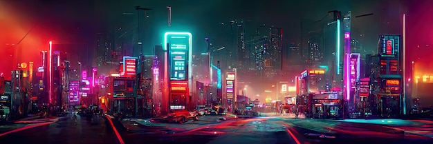 Via della città cyberpunk, vista notturna, città futuristica, luci al neon. Scena di strada notturna, futuro retrò.