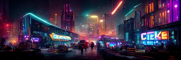 Via della città cyberpunk, vista notturna, città futuristica, luci al neon. Scena di strada notturna, futuro retrò.