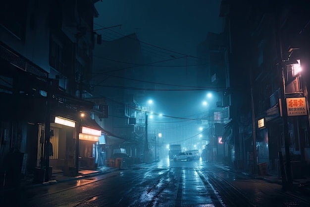 Via della città di Lofi alla notte con illuminazione e nebbia drammatiche