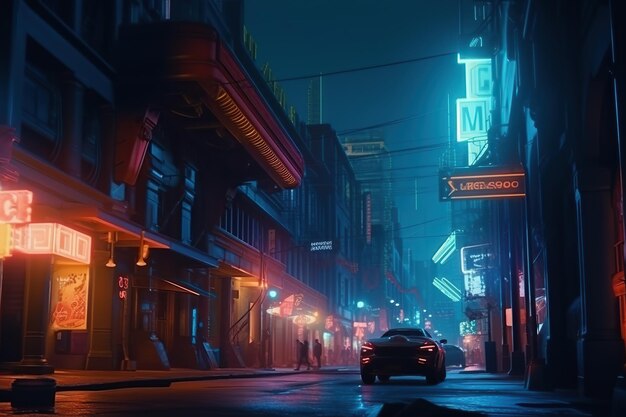 Via della città di notte Ai Città di fantasia con luci al neon