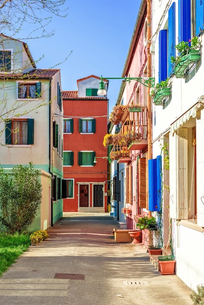 Via della città di Venezia con vibrante edificio colorato