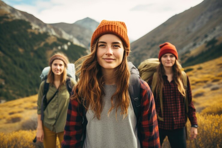 Viaggi ecologici e turismo responsabile gen z le donne viaggiano attraverso le montagne della natura selvaggia AI Gener