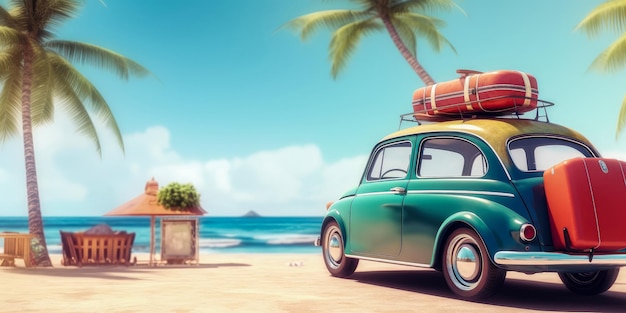 Viaggi estivi Auto verde con bagagli per le vacanze estive Spiaggia vista mare Vacanze Generative Ai