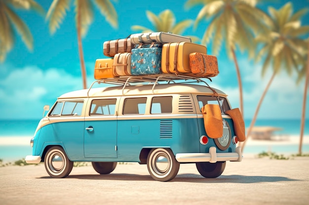 Viaggi estivi Furgone blu con bagagli per le vacanze estive Spiaggia con vista mare Vacanza AI generativa