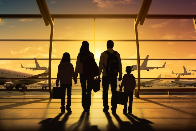 Viaggi in famiglia che mostrano le figure di silhouette dei membri della famiglia all'interno di un terminal aeroportuale