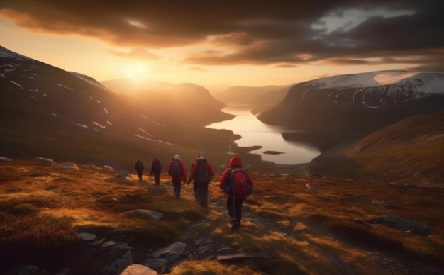 Viaggi uomo turista stile di vita trekking gruppo di montagna turismo naturale escursioni a piedi IA generativa