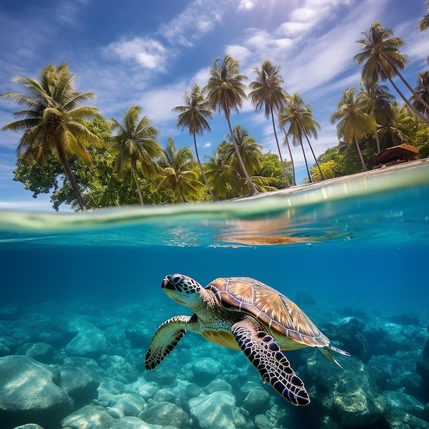 viaggi vacanze estive fotografia sottomarina di un'isola di tartarughe marine con palme