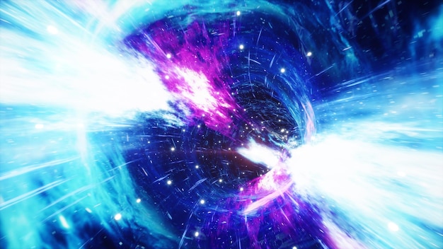 Viaggia attraverso un wormhole attraverso il tempo e lo spazio pieno di milioni di stelle e nebulose. Deformazione spaziale del wormhole, fantascienza. Buco nero. Tunnel dell'iperspazio Vortex. illustrazione 3D