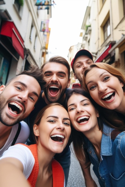 Viaggia felice e fai selfie con gli amici in vacanza insieme in città divertendoti