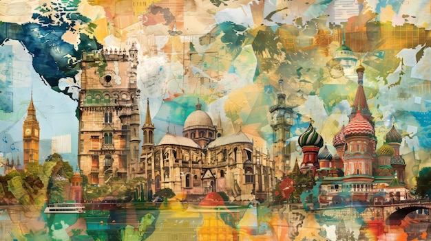 Viaggiare attraverso il mondo collage d'arte