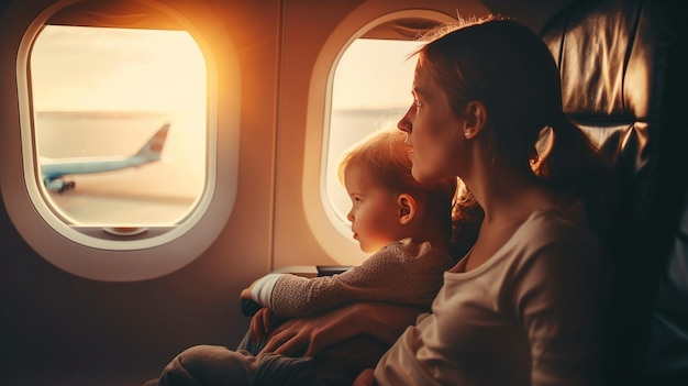 Viaggiare in aereo con una madre e i suoi figli viaggiano in famiglia AI generativa