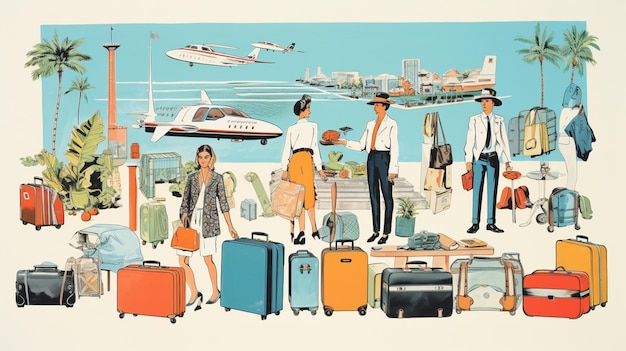Viaggiare intorno al mondo Illustrazione vettoriale di persone con valigie
