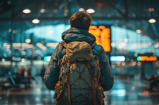 Viaggiatore al terminal dell'aeroporto Concetto di viaggio IA generativa