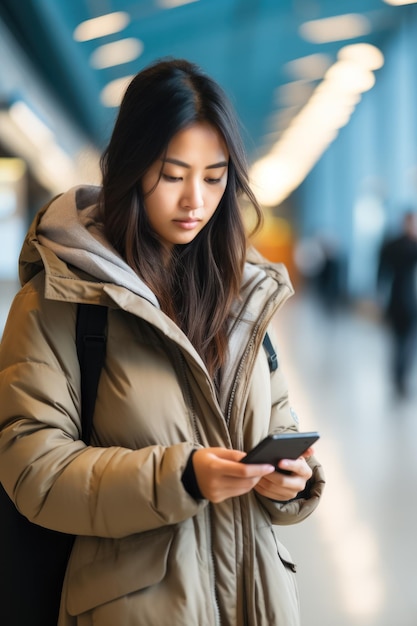 Viaggiatore asiatico della donna che utilizza smartphone mentre aspetta il volo all'aeroporto