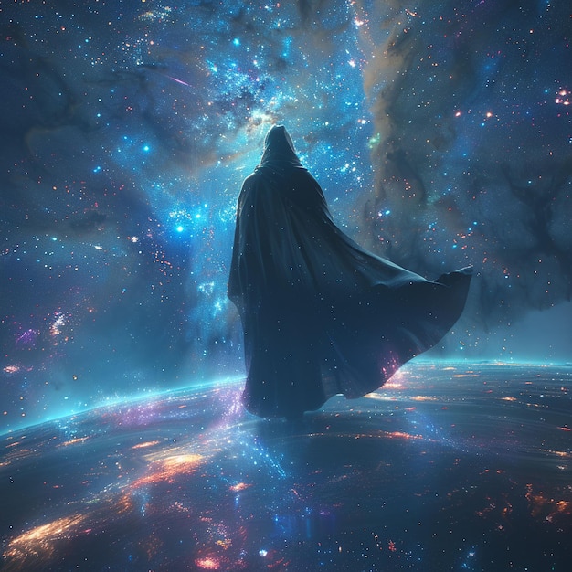 Viaggiatore astrale mantello etereo attraversando paesaggi cosmici sotto un cielo stellato 3D rendering retroilluminazione Motion Blur