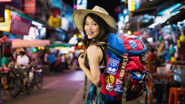 Viaggiatore backpacker donna asiatica viaggia in Khao San Road a Bangkok Thailandia