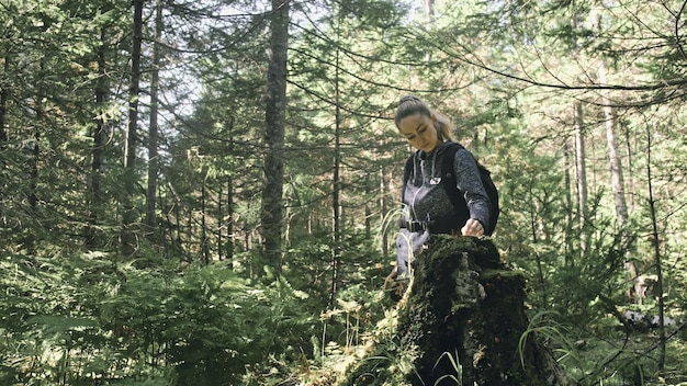 Viaggiatore che fotografa la vista panoramica nella foresta Una donna caucasica che scatta un bel look magico Ragazza scatta video fotografici su una fotocamera mirrorless dslr