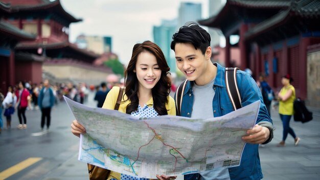 Viaggiatore coppia asiatica direzione sulla mappa di posizione a Pechino Cina