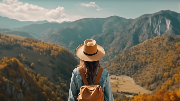 Viaggiatore della donna con il cappello della holding dello zaino