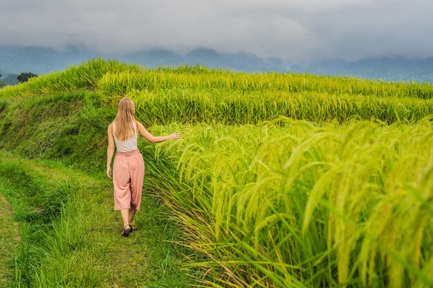 Viaggiatore della giovane donna sulle belle terrazze di riso di Jatiluwih sullo sfondo dei famosi vulcani di Bali, Indonesia