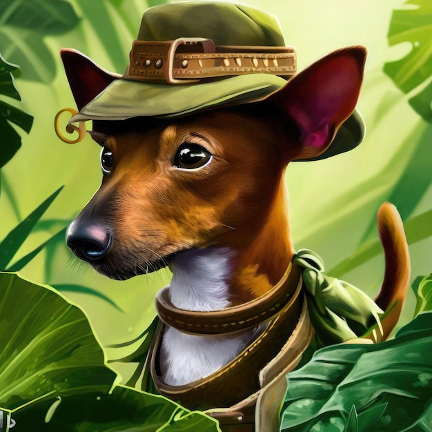 Viaggiatore di cani in un cappello con una macchina fotografica e uno zaino nella giungla