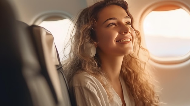 Viaggiatore di giovane donna che guarda la vista della finestra in aereo con felicità e relax