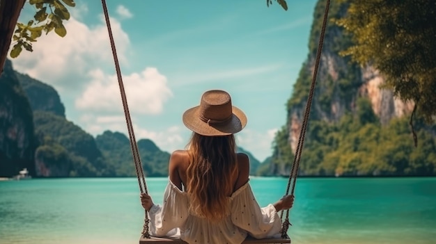 Viaggiatore donna che si rilassa sull'altalena sopra il mare delle Andamane Railay beach Krabi Tempo libero viaggio turistico Phuket Thailandia vacanze estive viaggio bellissime destinazioni luogo Asia