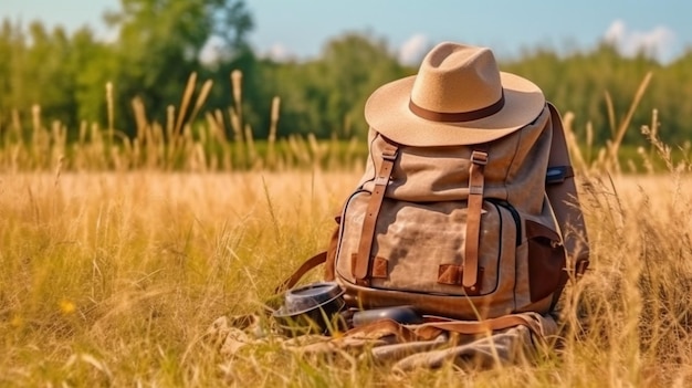 Viaggiatore estivo generativo AI con cappello con zaino e tappetino turistico