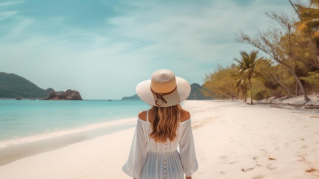 Viaggiatore felice in abito bianco e cappello