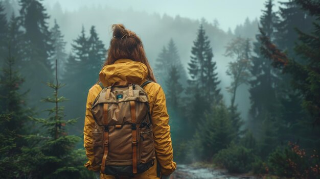 Viaggiatore femminile con zaino in piedi nella foresta con alti alberi di conifere in tempo di nebbia con vista del corpo intero