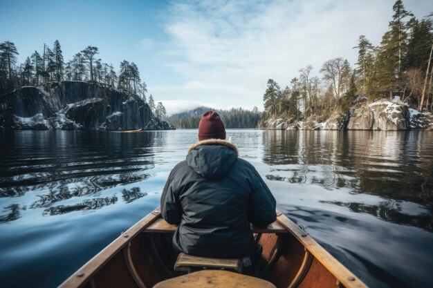 Viaggiatore maschio in cappotto invernale in canoa sul lago nel parco nazionale Illustrazione AI generativa