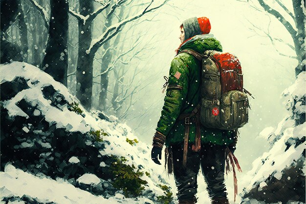 Viaggiatore nella foresta innevata invernale in giro Uomo che viaggia in una foresta innevata pittura di illustrazione in stile arte digitale