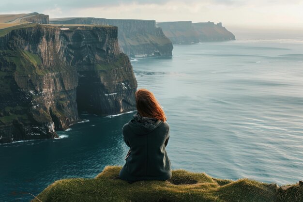 Viaggiatore seduto su una scogliera e guardando l'oceano Viaggio e concetto di vita attiva IA generativa