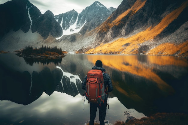 Viaggiatore singolo con zaino da viaggio escursionistico si trova sul fianco di una montagna sulla riva del lago di montagna