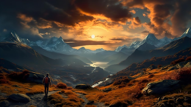 Viaggiatore turistico in cima alla montagna sullo sfondo del tramonto AI generativa