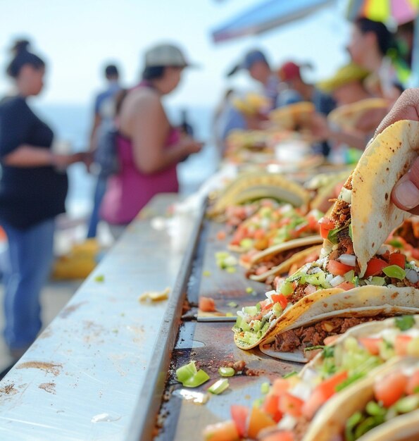 Viaggiatori affamati che mangiano deliziosi tacos da un tradizionale camion di cibo di strada messicano sulla spiaggia