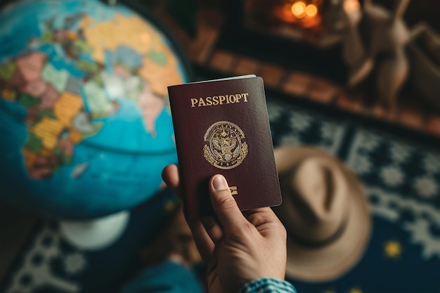Viaggiatori con il passaporto in mano con la moneta globeeuro e il cappello