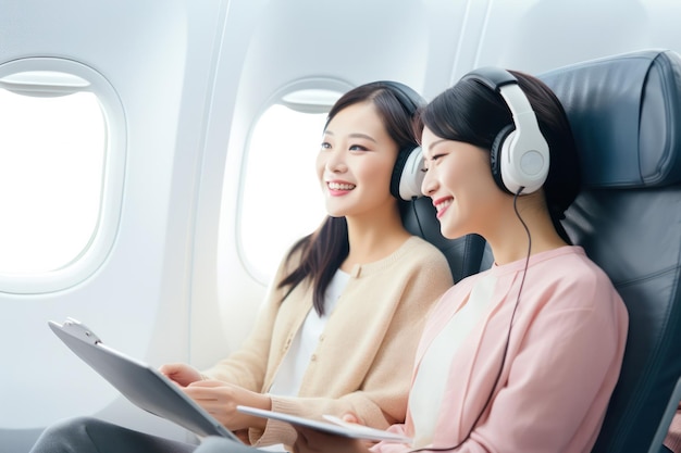 Viaggiatori di donne asiatiche che si godono l'intrattenimento a bordo con le cuffie