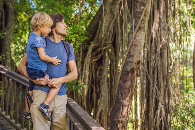 Viaggiatori di papà e figlio che scoprono la foresta di Ubud nella foresta delle scimmie, Bali Indonesia. Viaggiare con il concetto di bambini