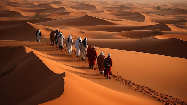 Viaggiatori nel deserto sullo sfondo delle tende delle dune e del tramonto generato dall'intelligenza artificiale