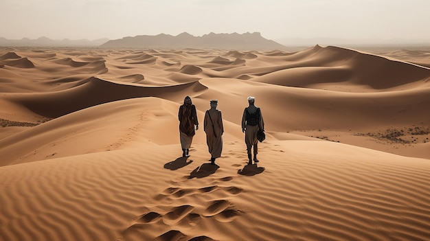 Viaggiatori nel deserto sullo sfondo delle tende delle dune e del tramonto generato dall'intelligenza artificiale