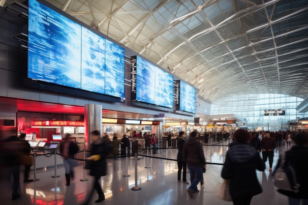 Viaggiatori nel terminal dell'aeroporto evidenziati da luminosi schermi digitali di partenza dal design contemporaneo