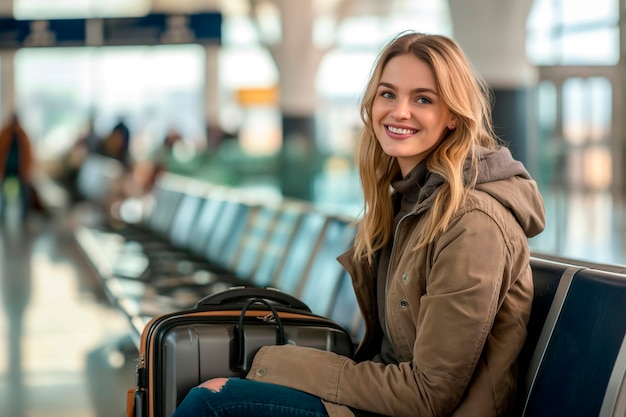 Viaggiatrice caucasica sorridente all'aeroporto in attesa di un viaggio aereo