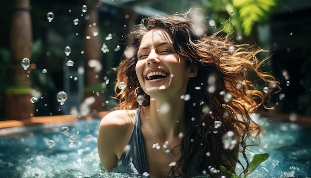 viaggiatrice in piscina all'aperto