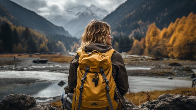 Viaggiatrice seduta in un veicolo a due volumi accanto a una montagna