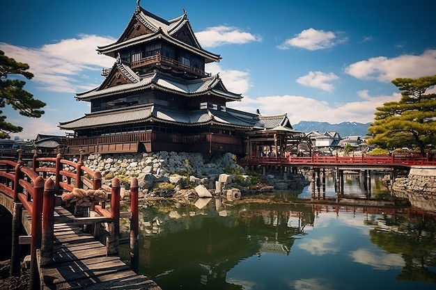 Viaggio al castello in Giappone Attraversa il ponte con vista sul lago e sulla natura al giorno luminoso