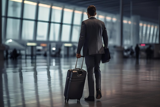 Viaggio al lavoro Vista di ritorno di un uomo d'affari in abito con una valigia bagaglia all'aeroporto