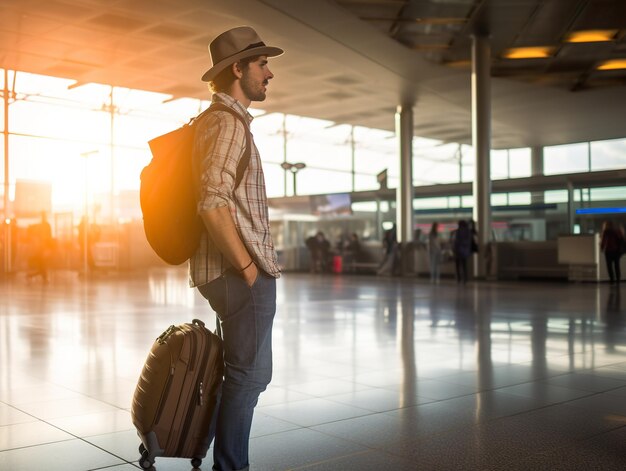 viaggio all'aeroporto con zaino a piedi al cancello aeroporto con passaporto viaggio