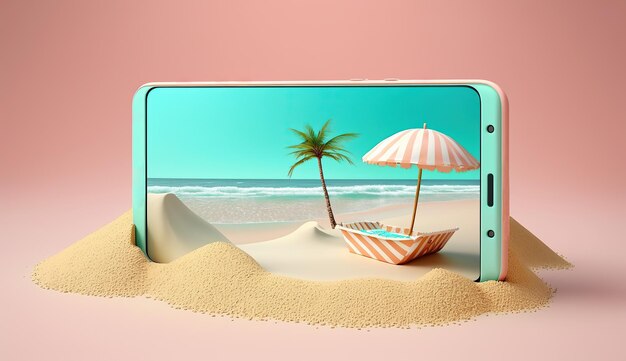 viaggio astratto spiaggia estiva letto da sole smartphone concetto estivo minimo pastello rosa amore