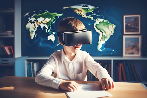 Viaggio educativo nella realtà virtuale uno scolaro con attrezzatura VR in una lezione di geografia